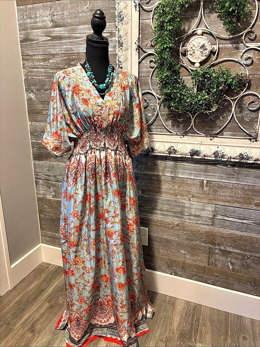 LOVE KAYLA (Size M) Women’s Boho Embroidered Floral Maxi Dress - Silk Blend